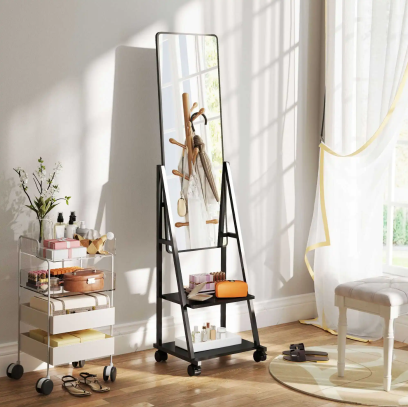 Staande Passpiegel met Planken en Wieltjes 42×155 cm – Zwart