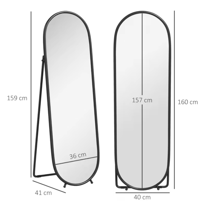 Ovale Staande Volledige Lichaamsspiegel 160×40 cm – Metalen Frame en Uitklapstandaard