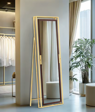 Staande Volledige Lichaamsspiegel 160 cm – Goud en Houtlook, Vrijstaand of Wandmontage