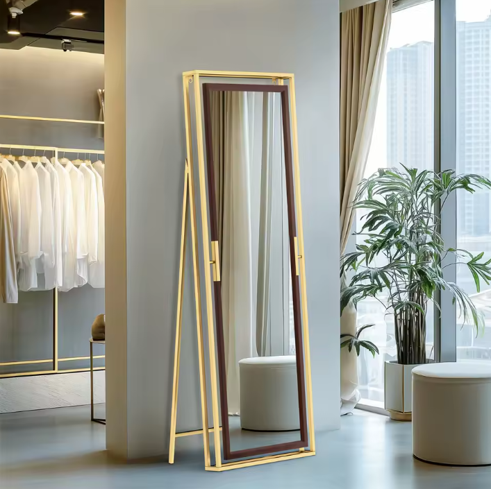 Staande Volledige Lichaamsspiegel 160 cm – Goud en Houtlook, Vrijstaand of Wandmontage