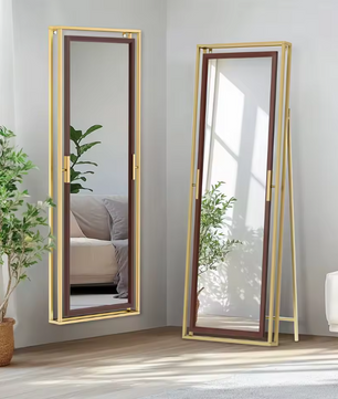 Staande Volledige Lichaamsspiegel 160 cm – Goud en Houtlook, Vrijstaand of Wandmontage
