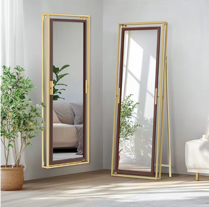 Staande Volledige Lichaamsspiegel 160 cm – Goud en Houtlook, Vrijstaand of Wandmontage