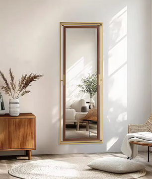 Staande Volledige Lichaamsspiegel 160 cm – Goud en Houtlook, Vrijstaand of Wandmontage