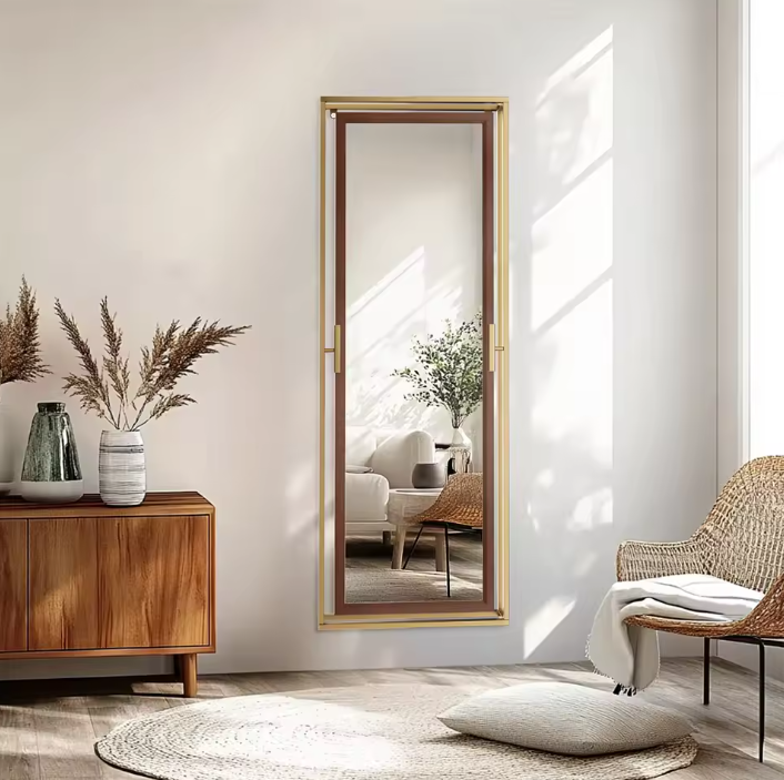 Staande Volledige Lichaamsspiegel 160 cm – Goud en Houtlook, Vrijstaand of Wandmontage