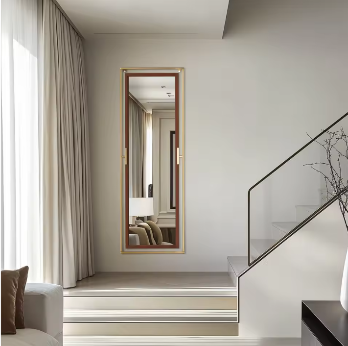 Staande Volledige Lichaamsspiegel 160 cm – Goud en Houtlook, Vrijstaand of Wandmontage