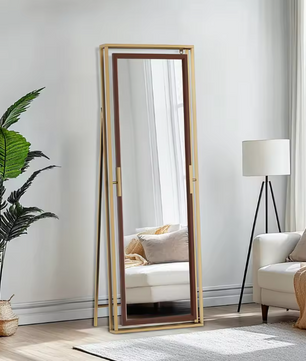 Staande Volledige Lichaamsspiegel 160 cm – Goud en Houtlook, Vrijstaand of Wandmontage