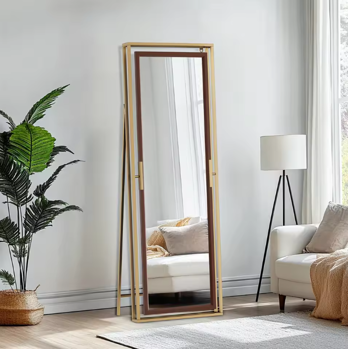 Staande Volledige Lichaamsspiegel 160 cm – Goud en Houtlook, Vrijstaand of Wandmontage