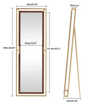 Staande Volledige Lichaamsspiegel 160 cm – Goud en Houtlook, Vrijstaand of Wandmontage