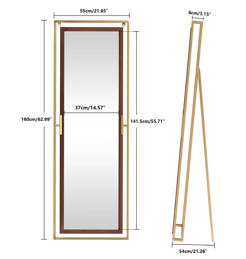 Staande Volledige Lichaamsspiegel 160 cm – Goud en Houtlook, Vrijstaand of Wandmontage