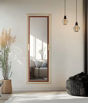 Staande Volledige Lichaamsspiegel 160 cm – Goud en Houtlook, Vrijstaand of Wandmontage
