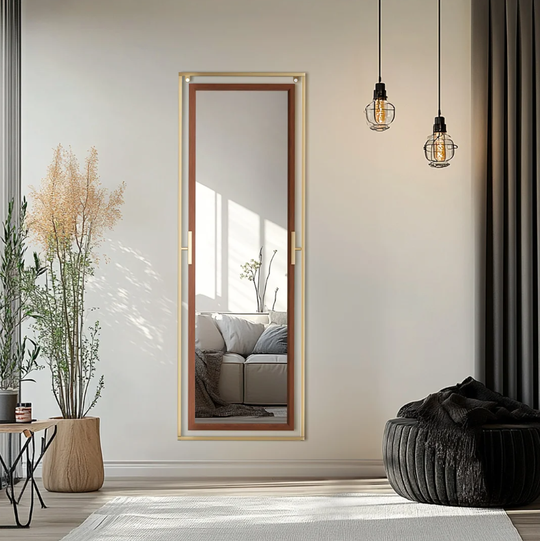 Staande Volledige Lichaamsspiegel 160 cm – Goud en Houtlook, Vrijstaand of Wandmontage