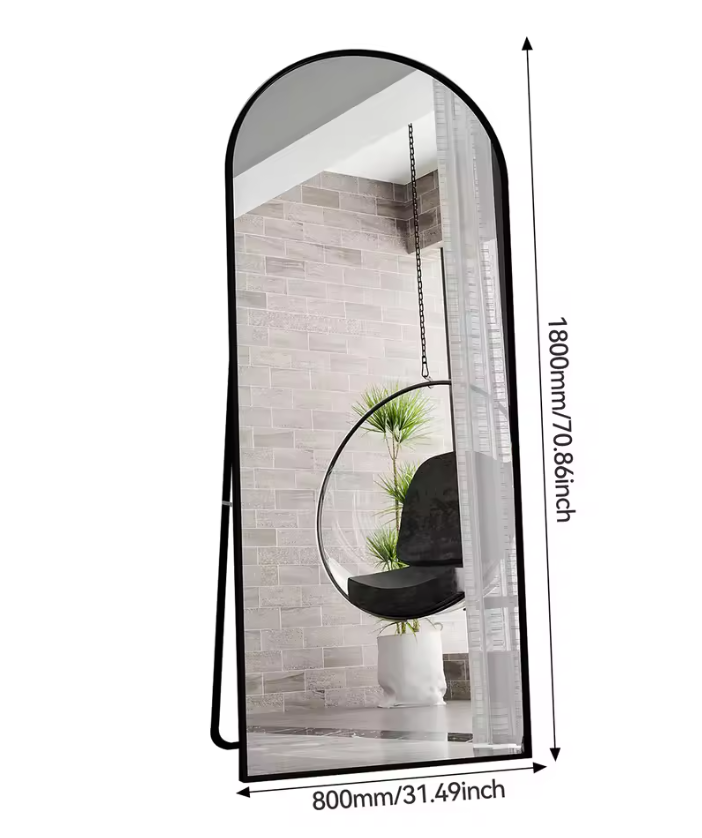 Grote Staande Lichaamsspiegel 180×80 cm – Boogvormig, Zwart en HD-Glas