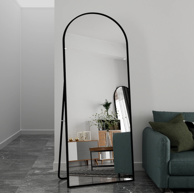 Grote Staande Lichaamsspiegel 180×80 cm – Boogvormig, Zwart en HD-Glas