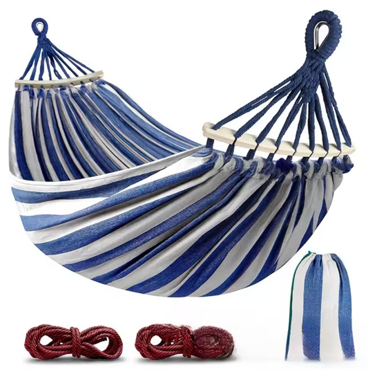 Tweepersoons Canvas Hangmat met Gebogen Houten Spreidstokken – 220×150 cm – Anti-Rol & Draagbaar – 300 kg