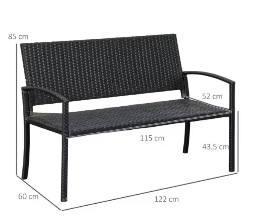 2-Zits Polyrattan Tuinbank – Handgeweven, UV- & Weerbestendig, Gepoedercoat Stalen Frame met Rugleuning – 122 cm