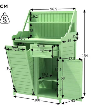 Houten Gereedschapsschuur voor Buiten met Werkblad – Tuinkast met Planken en Laden – 100 × 45 × 154 cm – Weerbestendige Opbergkast voor Tuin en Terras