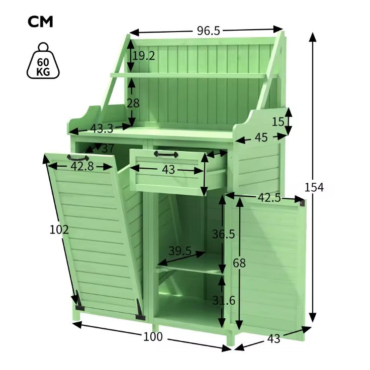 Houten Gereedschapsschuur voor Buiten met Werkblad – Tuinkast met Planken en Laden – 100 × 45 × 154 cm – Weerbestendige Opbergkast voor Tuin en Terras