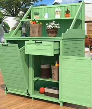 Houten Gereedschapsschuur voor Buiten met Werkblad – Tuinkast met Planken en Laden – 100 × 45 × 154 cm – Weerbestendige Opbergkast voor Tuin en Terras