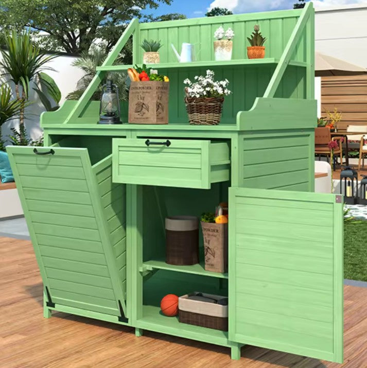 Houten Gereedschapsschuur voor Buiten met Werkblad – Tuinkast met Planken en Laden – 100 × 45 × 154 cm – Weerbestendige Opbergkast voor Tuin en Terras