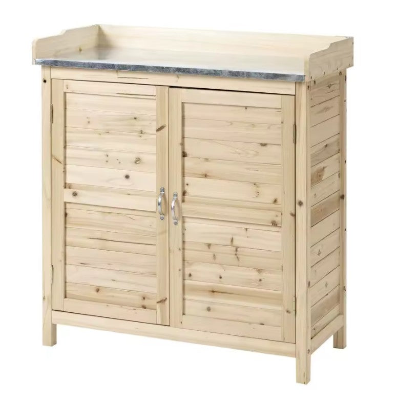 Houten Tuinkast met Werkblad en Opbergruimte – Gegalvaniseerd Aanrecht – 2 Planken – 83 × 40 × 92 cm – Planttafel en Gereedschapskast voor Tuin en Balkon