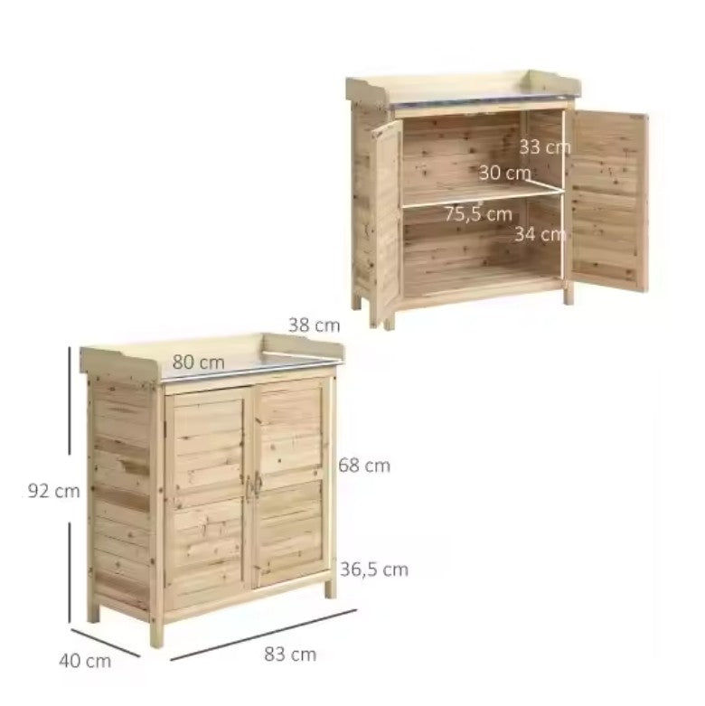 Houten Tuinkast met Werkblad en Opbergruimte – Gegalvaniseerd Aanrecht – 2 Planken – 83 × 40 × 92 cm – Planttafel en Gereedschapskast voor Tuin en Balkon