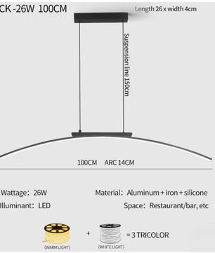 Moderne LED Boog Hanglamp 100 cm – Dimbare Arc Design Lamp van Aluminium & IJzer – Energiezuinig, 3000–6500K – Voor Eetkamer, Woonkamer & Keuken