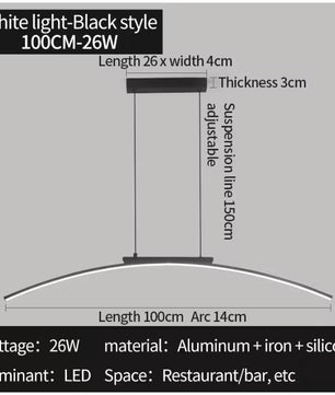 Moderne LED Boog Hanglamp 100 cm – Dimbare Arc Design Lamp van Aluminium & IJzer – Energiezuinig, 3000–6500K – Voor Eetkamer, Woonkamer & Keuken