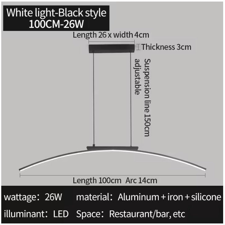 Moderne LED Boog Hanglamp 100 cm – Dimbare Arc Design Lamp van Aluminium & IJzer – Energiezuinig, 3000–6500K – Voor Eetkamer, Woonkamer & Keuken