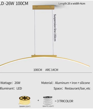 Moderne LED Boog Hanglamp 100 cm – Dimbare Arc Design Lamp van Aluminium & IJzer – Energiezuinig, 3000–6500K – Voor Eetkamer, Woonkamer & Keuken