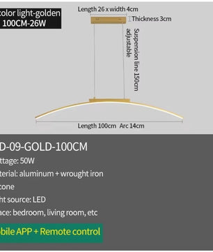 Moderne LED Boog Hanglamp 100 cm – Dimbare Arc Design Lamp van Aluminium & IJzer – Energiezuinig, 3000–6500K – Voor Eetkamer, Woonkamer & Keuken