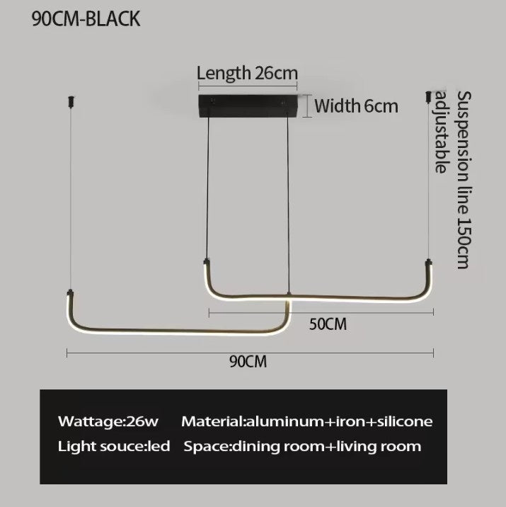 Moderne LED Kroonluchter van Aluminium – Lineaire Design Hanglamp 90 cm met 24W LED – Zwarte Pendellamp voor Woonkamer, Eetkamer & Slaapkamer