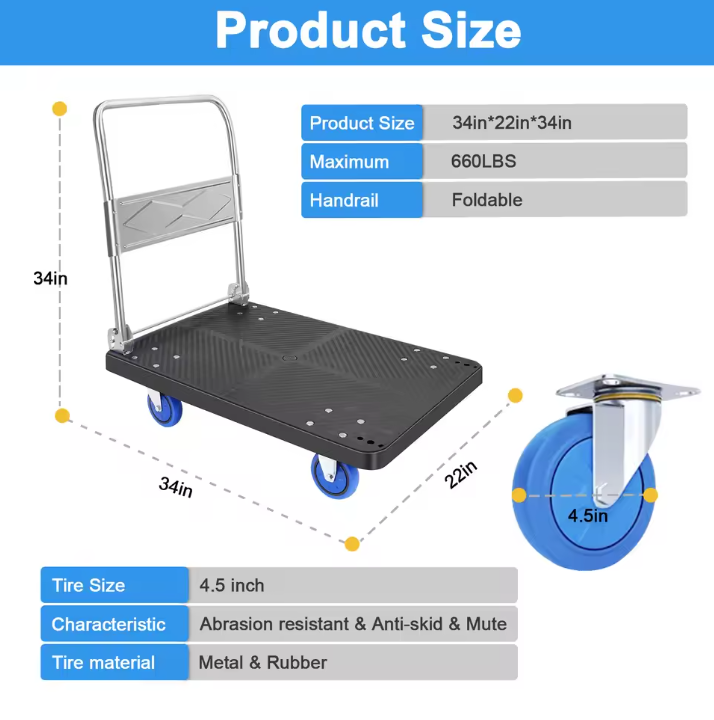 Heavy Duty Opvouwbare Winkelwagen met Wielen – Steekwagen en Dolly voor Transport en Bagage