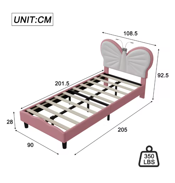 Gestoffeerd Bed met Vlindervormig Hoofdbord – LED-verlichting, Verstelbare Hoogte en PU-Kunstleer