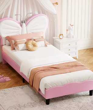 Gestoffeerd Bed met Vlindervormig Hoofdbord – LED-verlichting, Verstelbare Hoogte en PU-Kunstleer