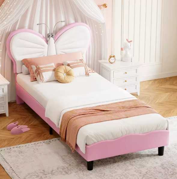 Gestoffeerd Bed met Vlindervormig Hoofdbord – LED-verlichting, Verstelbare Hoogte en PU-Kunstleer