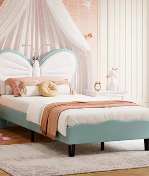 Gestoffeerd Bed met Vlindervormig Hoofdbord – LED-verlichting, Verstelbare Hoogte en PU-Kunstleer