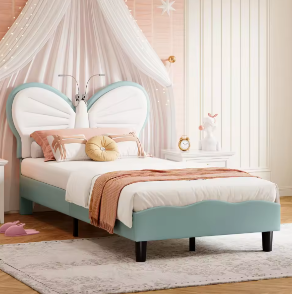 Gestoffeerd Bed met Vlindervormig Hoofdbord – LED-verlichting, Verstelbare Hoogte en PU-Kunstleer