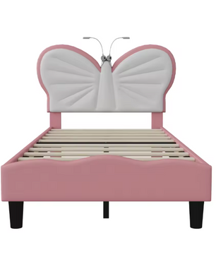 Gestoffeerd Bed met Vlindervormig Hoofdbord – LED-verlichting, Verstelbare Hoogte en PU-Kunstleer