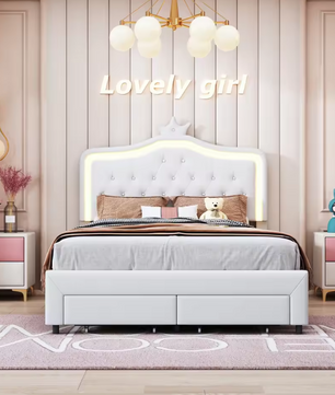 Gestoffeerd Kinderbed met Kroonhoofdbord en LED-verlichting – Met Opberglades en Verstelbaar Hoofdeinde