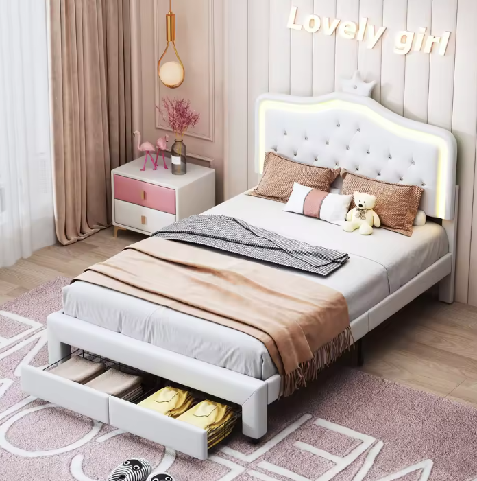 Gestoffeerd Kinderbed met Kroonhoofdbord en LED-verlichting – Met Opberglades en Verstelbaar Hoofdeinde