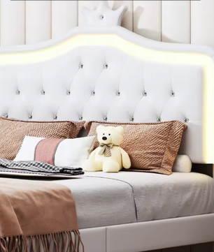 Gestoffeerd Kinderbed met Kroonhoofdbord en LED-verlichting – Met Opberglades en Verstelbaar Hoofdeinde