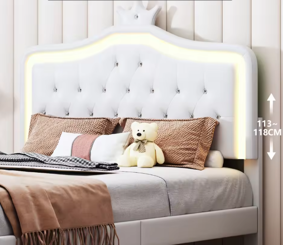 Gestoffeerd Kinderbed met Kroonhoofdbord en LED-verlichting – Met Opberglades en Verstelbaar Hoofdeinde
