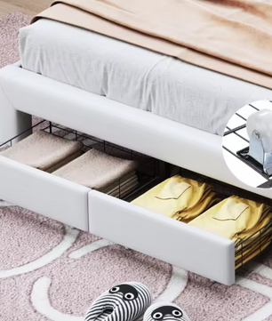 Gestoffeerd Kinderbed met Kroonhoofdbord en LED-verlichting – Met Opberglades en Verstelbaar Hoofdeinde