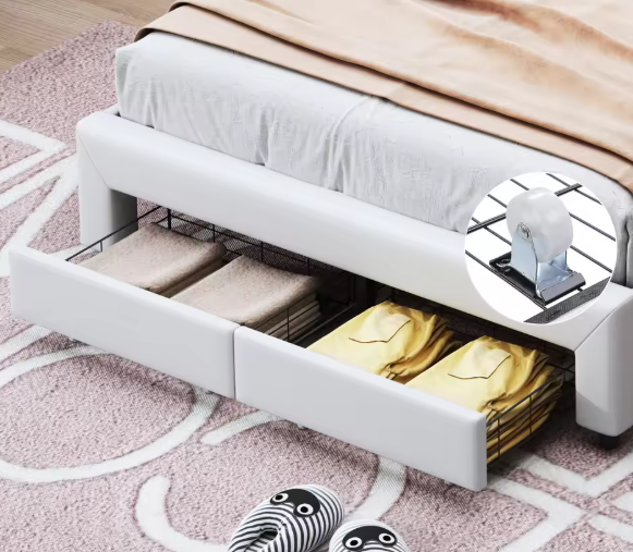 Gestoffeerd Kinderbed met Kroonhoofdbord en LED-verlichting – Met Opberglades en Verstelbaar Hoofdeinde