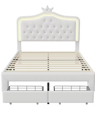 Gestoffeerd Kinderbed met Kroonhoofdbord en LED-verlichting – Met Opberglades en Verstelbaar Hoofdeinde