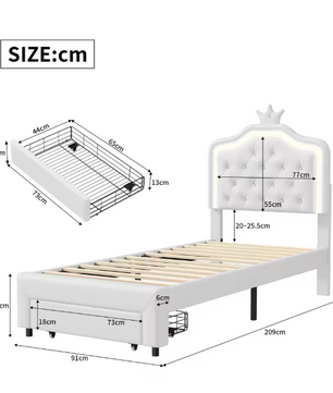 Gestoffeerd Kinderbed met Kroonhoofdbord en LED-verlichting – Met Opberglades en Verstelbaar Hoofdeinde