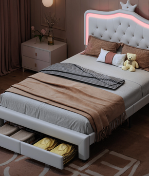 Gestoffeerd Kinderbed met Kroonhoofdbord en LED-verlichting – Met Opberglades en Verstelbaar Hoofdeinde