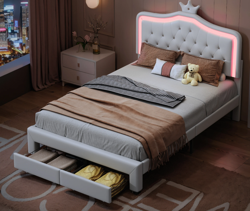 Gestoffeerd Kinderbed met Kroonhoofdbord en LED-verlichting – Met Opberglades en Verstelbaar Hoofdeinde