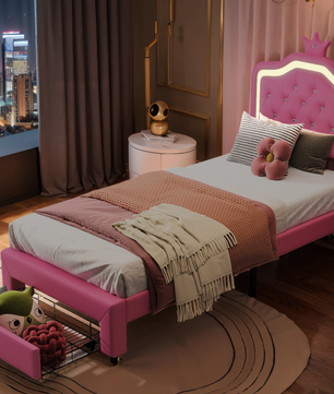 Gestoffeerd Kinderbed met Kroonhoofdbord en LED-verlichting – Met Opberglades en Verstelbaar Hoofdeinde