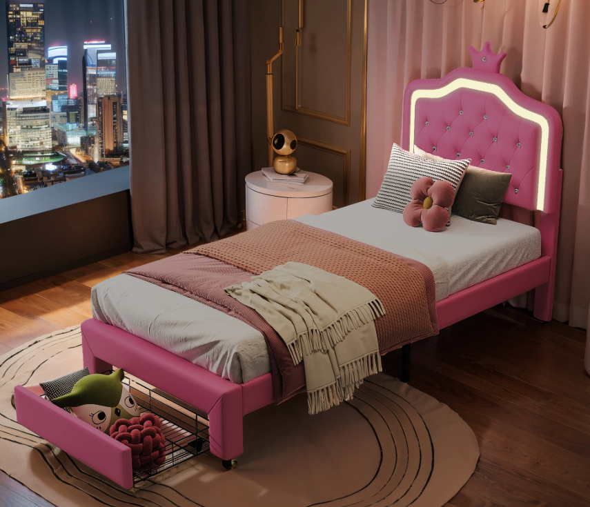 Gestoffeerd Kinderbed met Kroonhoofdbord en LED-verlichting – Met Opberglades en Verstelbaar Hoofdeinde